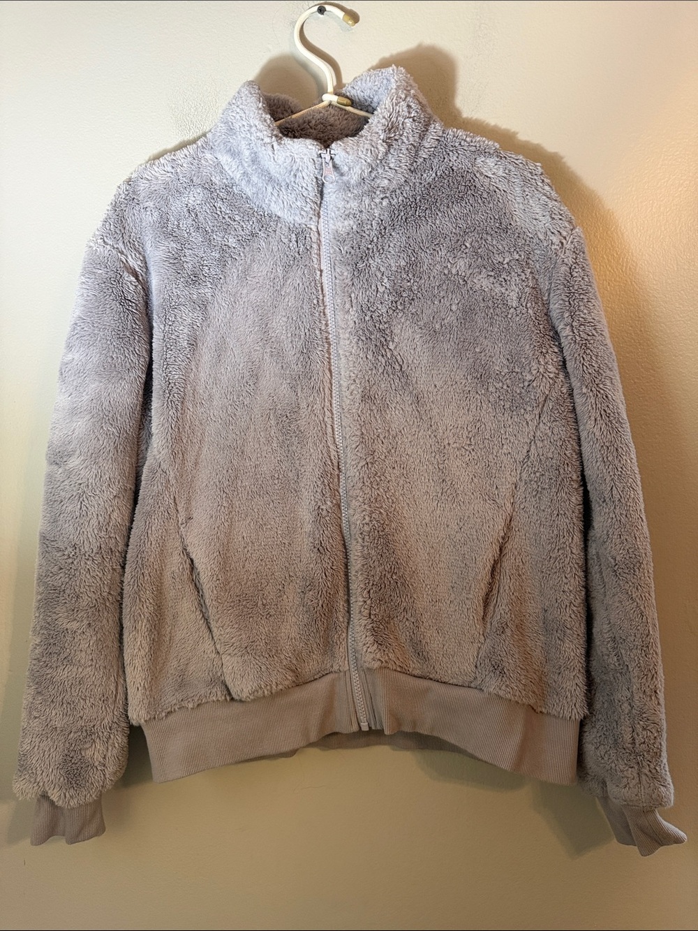 Z By Zella Women's Gray Furry Full Zip Mock Neck Long Sleeve Sweater Size M